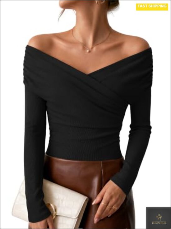 Tops - Off Shoulder Wrap Crop Top Long Sleeve Ruched Going Out Y2K Slim Fit
